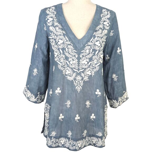 Saks Fifth Avenue Women's S/P Blue 100% Linen Embroidered V-neck Tunic Top - Picture 1 of 7
